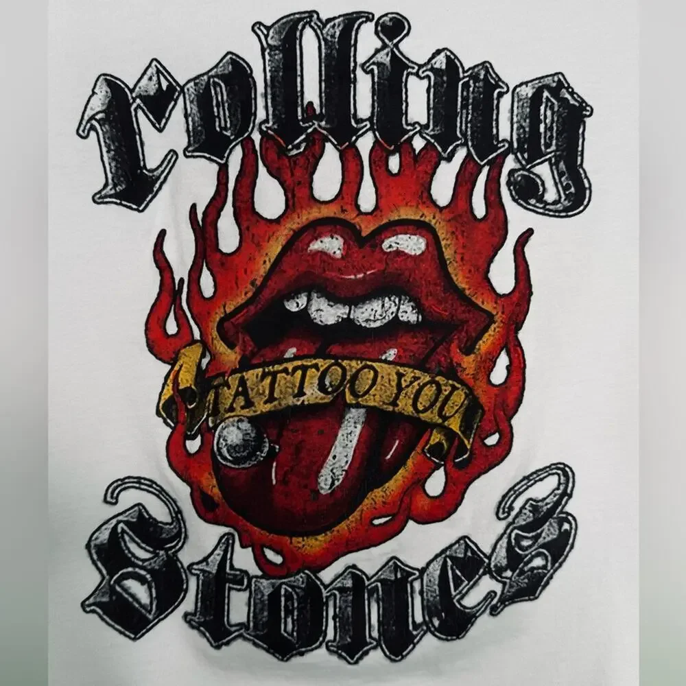 The RollingStones White Flaming Tattoo Tongue Short Sleeve T-shirt Size L